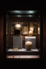 Historical artifacts displayed in a glass case. Perfect for illustrating concepts of history, archaeology, museums, ancient civilizations, and cultural heritage.
