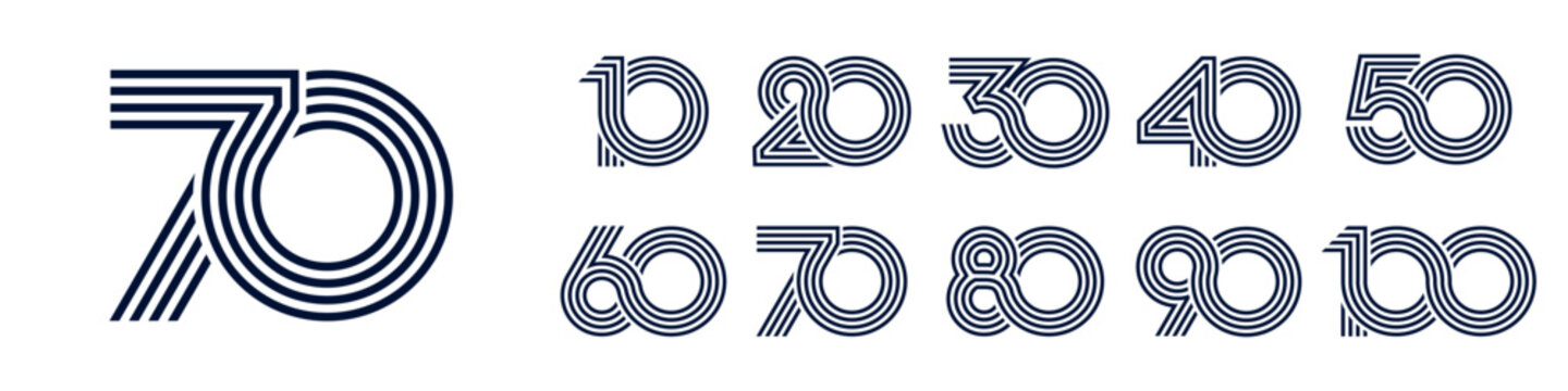 collection anniversary 10 to 100 year logo designs. abstract number for celebration event, wedding, greeting card, and invitation, vector illustration