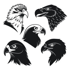 Collection of fierce eagle head illustrations, embodying power, precision, and sharp focus in striking black and white vector artwork