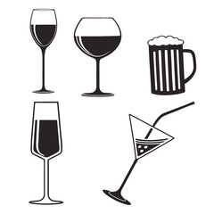 A collection of alcoholic beverages, featuring wine, beer, and cocktails, ideal for menus, invitations, and designs related to drinks and celebrations