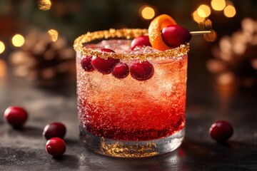 Winter Cocktail Garnished with Cranberries and Orange Peel