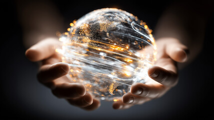 Hands holding digital sphere with luminous data streams and network connections