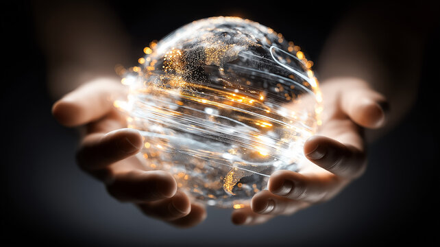 Hands holding digital sphere with luminous data streams and network connections - Powered by Adobe
