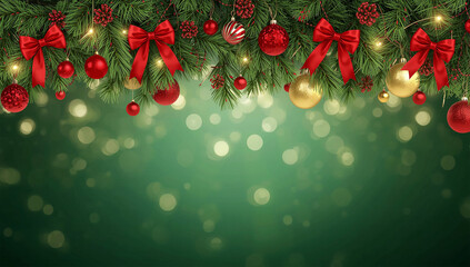 Christmas background with fir branches, red bows, pine cones and golden ornaments on green festive backdrop