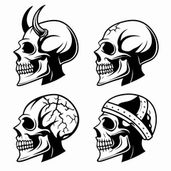 Collection of four distinct black and white skull illustrations in profile view featuring demonic horns cracks and a helmet