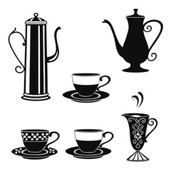 Collection of elegant black and white silhouette illustrations of coffee pots cups and saucers and a creamer