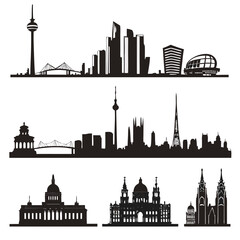 Naklejka premium Collection of city skylines and architectural silhouettes featuring famous landmarks and modern buildings