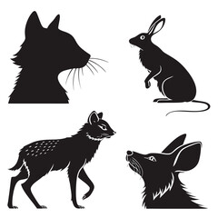 Collection of black silhouette illustrations of various wild animals including a fox rabbit deer and mouse
