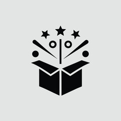 Open box with stars and circles exploding outwards on gray background cardboard package