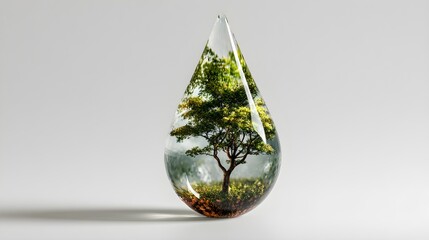 Obraz premium Water droplet containing lush green tree, symbolizing life, nature, and environmental conservation concepts.