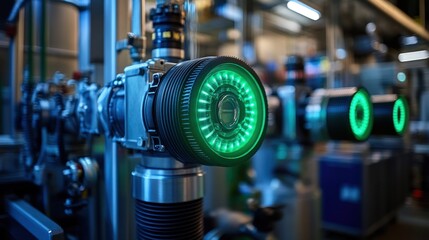 Fototapeta premium Industrial machinery with glowing green lights