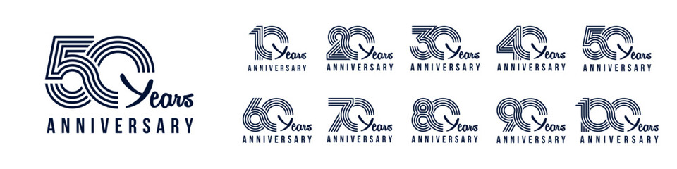 collection anniversary 10 to 100 year logo designs. abstract number for celebration event, wedding, greeting card, and invitation, vector illustration