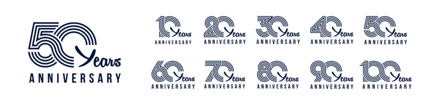 collection anniversary 10 to 100 year logo designs. abstract number for celebration event, wedding, greeting card, and invitation, vector illustration