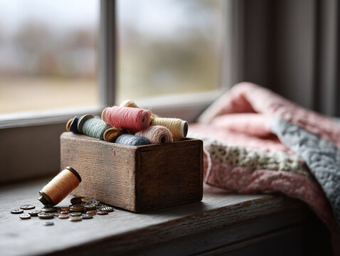 Nostalgic still life featuring sewing notions near a window. Evokes crafting, homespun comfort, and vintage charm. Ideal for crafting blogs, DIY projects, or textile design.