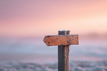 Frozen direction sign against a serene dawn. Evokes concepts of guidance, choices, and new beginnings. Ideal for travel, lifestyle, and motivational themes.
