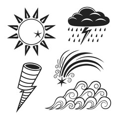 Collection of stylized weather and celestial icons including a sun rain cloud with lightning shooting star and ocean waves