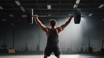 Man lifting barbell overhead in dramatic lighting. Concept strength, fitness, determination. Ideal for gym ads, health articles, motivational content.