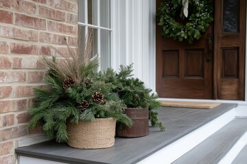 Naklejka premium Close-up detail of a luxurious Christmas garland with ornaments, pine cones, and ribbon