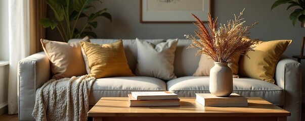 Cozy living room with warm lighting, textured throw pillows, and a stylish coffee table featuring a vase of dried flowers and a stack of books , candles, table lamp
