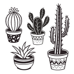 Collection of stylized black and white potted cacti and succulents with decorative planters for graphic design