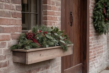 Christmas garland and stockings draped on a wooden mantle with festive decorations