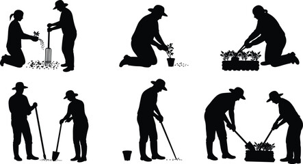 Obraz premium Silhouettes of two gardeners planting, watering, digging, and tending plants with tools, farm work, teamwork, outdoor gardening activities.