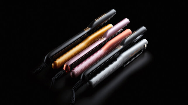 Sleek, colorful hair styling tools on black, conveying style and modern beauty. Perfect for beauty blogs, salon ads, or product promos. Premium look, flat lay.