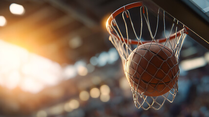 Basketball hoop with net and ball game inside a sports arena competition win