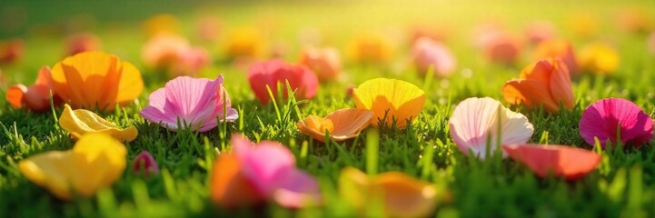 Close-up view of vibrant, colorful flower petals scattered on lush green grass, bathed in soft sunlight Perfect for spring, summer, nature, and floral themes , vegetation, colorful petals