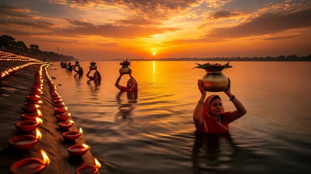 Devout hindu women observe the sacred chhath puja festival offering heartfelt prayers to the rising sun god amidst a serene river illuminated by countless glowing diyas