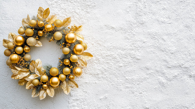Elegant golden Christmas wreath on a textured white background winter holiday - Powered by Adobe