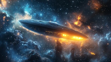 Naklejka premium mysterious glowing object floating between stars, ancient alien tech radiating energy, dramatic cosmic composition, high realism