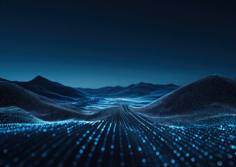 A futuristic abstract landscape featuring digital particles and wavy lines, representing modern technology and digital connectivity.