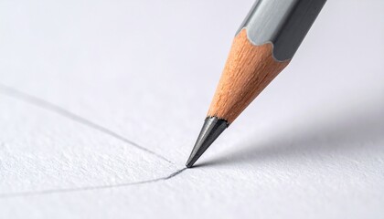 Close up of pencil with drawing line on textured white paper 