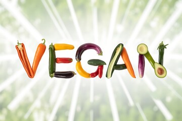 Vibrant fresh vegetables artfully spell VEGAN, showcasing healthy eating and natural goodness.