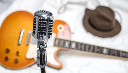 Close-up of a microphone, guitar, and hat