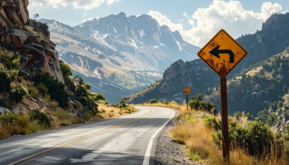 Left Turn Sign- Road signs warn of a sharp turn on a narrow road