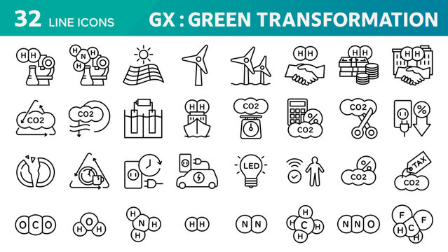 A collection of 32 icons related to GX (Green Transformation).
