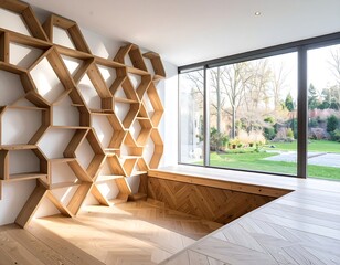 Modern library with hexagonal shelving