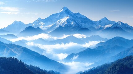 Obraz premium Majestic mountain range, misty blue valleys, snow-capped peak
