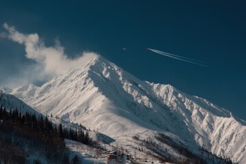 Winter landscape of snow capped mountains against deep blue sky with two red airplanes and contrails