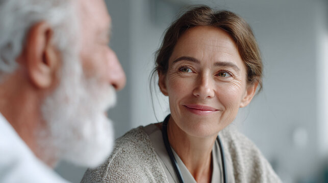 Closeup showing a caring female doctor looking at an elderly patient. Represents empathy, trust, healthcare, and senior care. Ideal for medical social campaigns. - Powered by Adobe