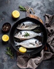 Fresh fish in pan with lemon and herbs