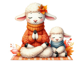 Lambs doing yoga, sport in watercolor style, mother and baby sitting on a mat, wearing a scarf and sweater, for packaging, cards and graphic design. Vector.