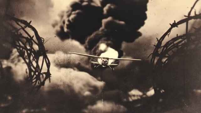 Wartime scene reveals the devastation of barbed wire and burning battlefield.