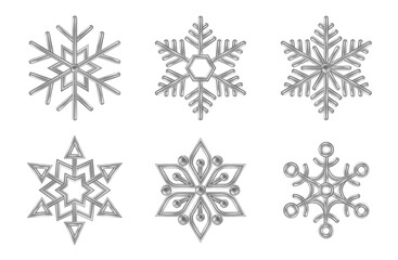 3d Silver Snowflakes Set. Ice realistic Merry Christmas decoration isolated on white background. Xmas Icons Vector illustration. Snow flake shape bauble, Happy New Year winter symbol