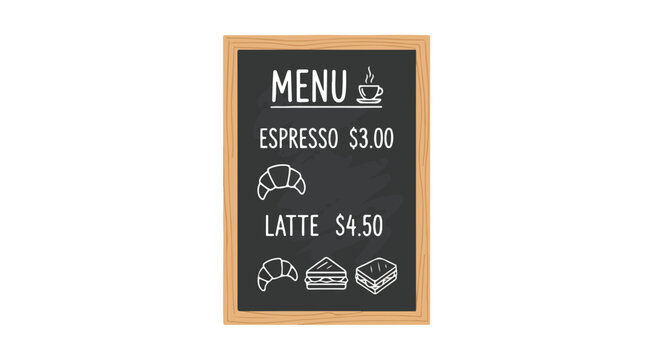 Rustic chalkboard menu featuring coffee beverages and pastry illustrations offers a charming vintage cafe ambiance for menu displays