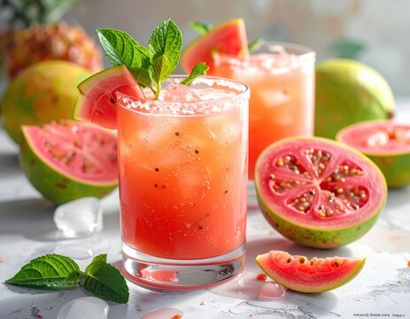 Refreshing, vibrant drink made with sliced guava and watermelon, garnished with fresh mint leaves.  A beautiful presentation of a healthy and flavorful beverage.