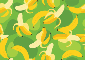 A playful pattern of ripe yellow bananas scattered across a vibrant green background this artistic design features many piles of fruit