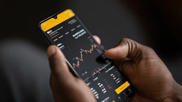 Trading activity in financial markets using a smartphone at home while analyzing real-time data - Powered by Adobe